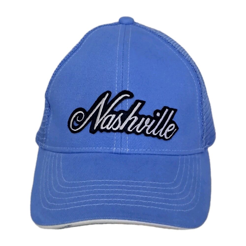 Nashville Anvil Baseball Cap Trucker Hat Baby Blue Embroidered Black White Strap